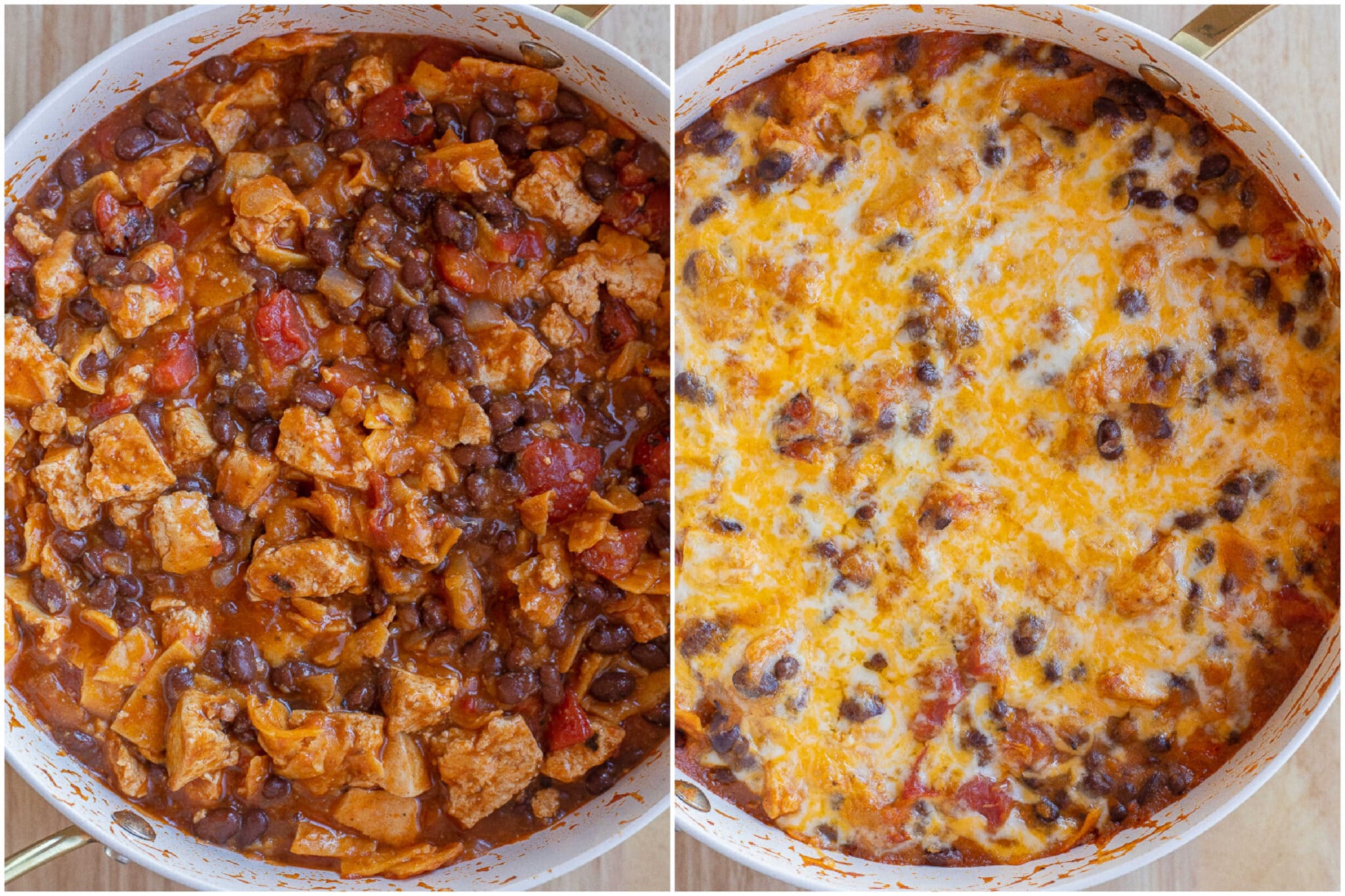 tofu and black bean skillet enchiladas before and after they have been baked in the oven