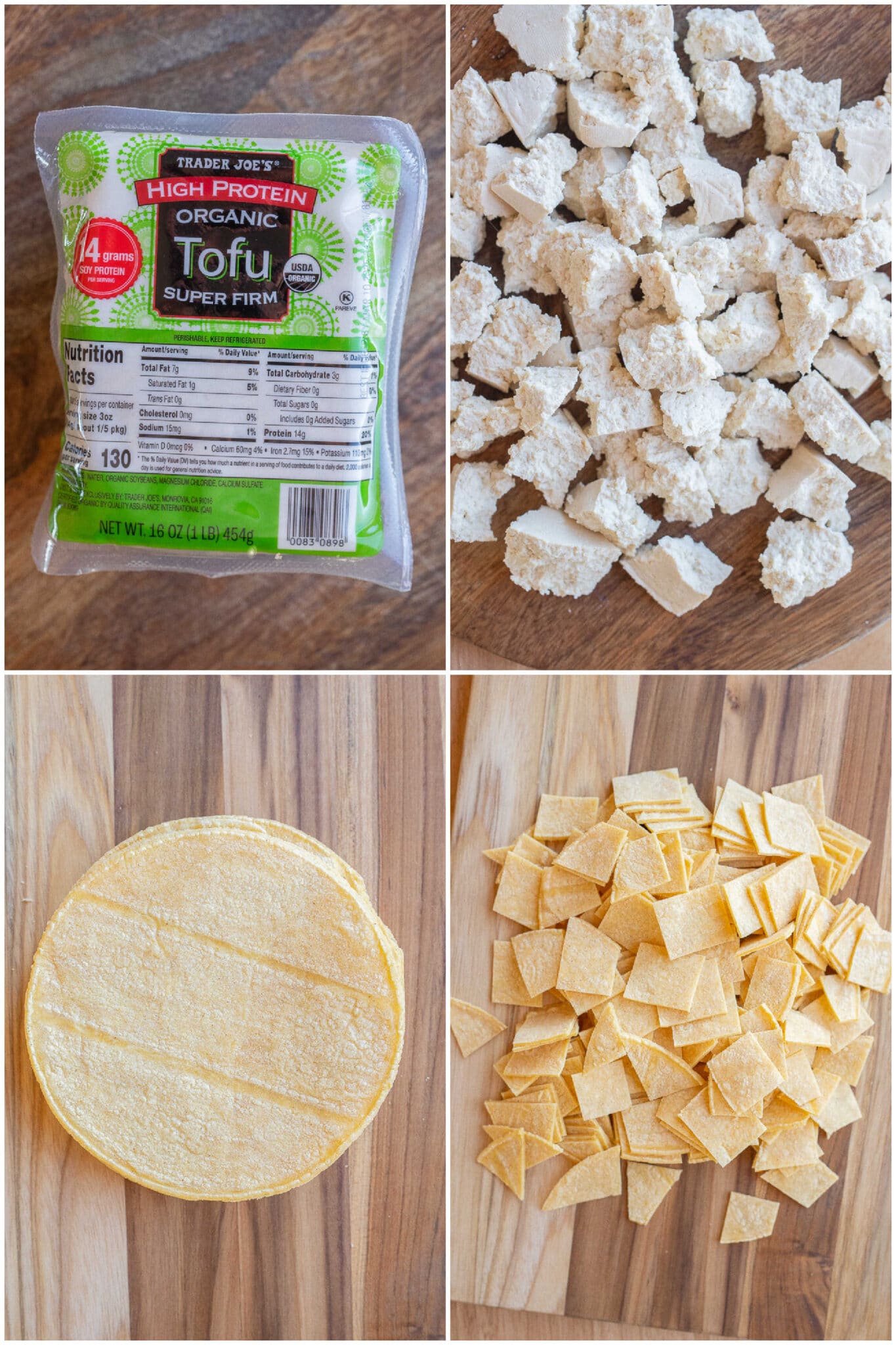 showing how to break the tofu into bite sized chunks and cut the corn tortillas into pieces