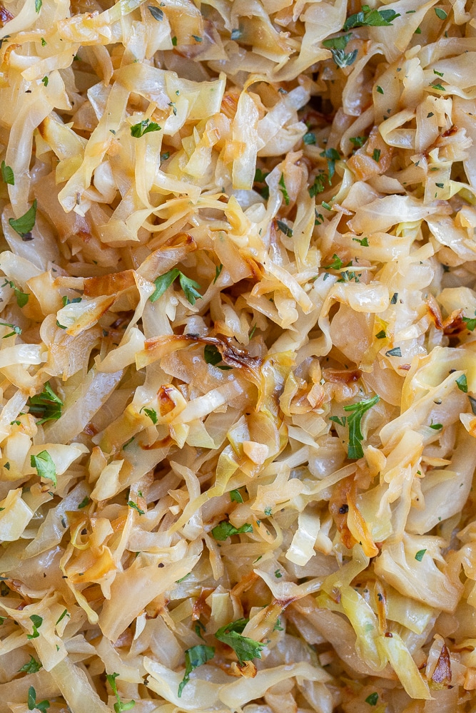 close up of caramelized green cabbage