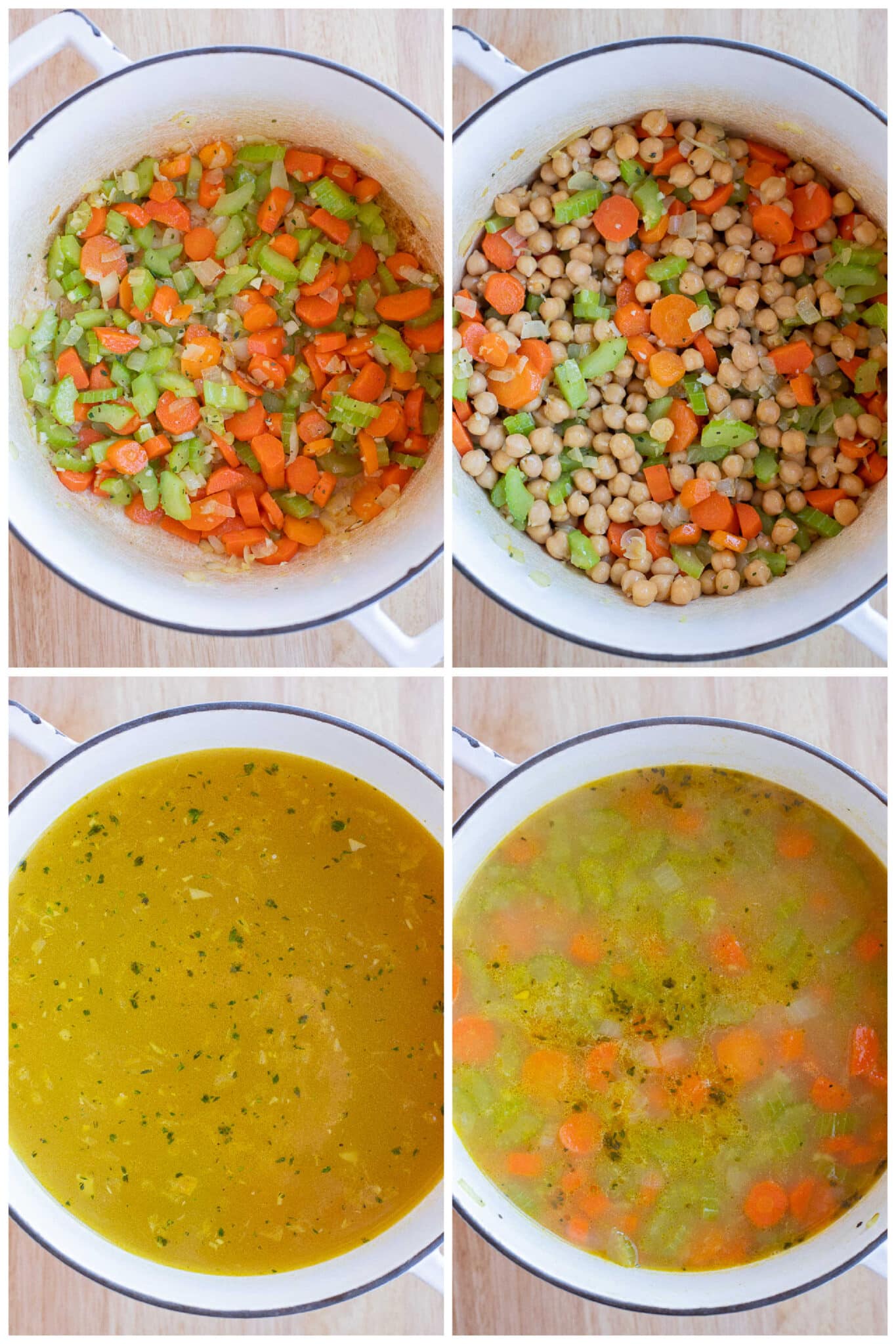 showing how to cook the veggies and add in the broth for this healthy vegetarian soup