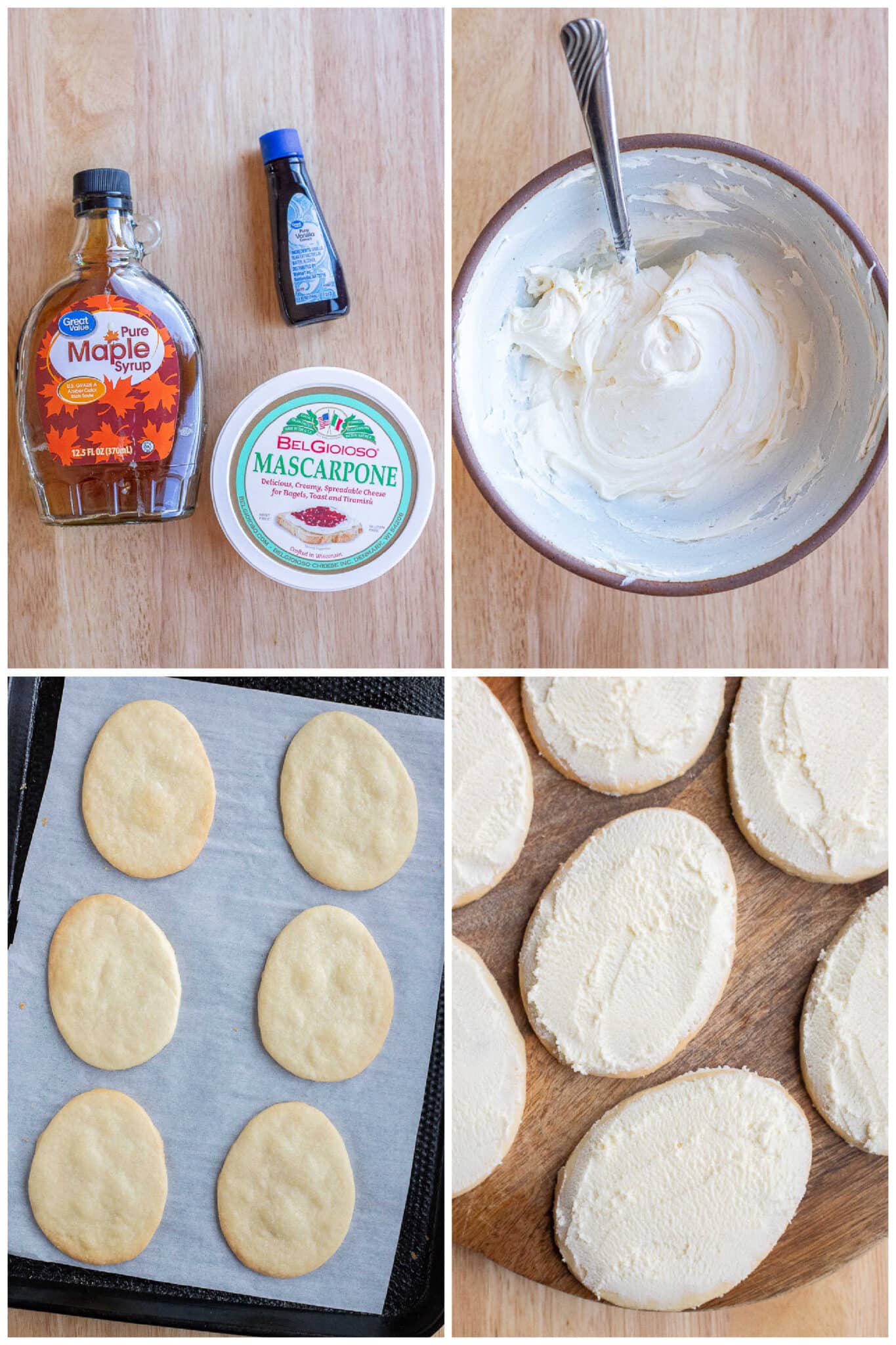 showing how to make the mascarpone cream and spread it on top of the easter egg shaped cookies