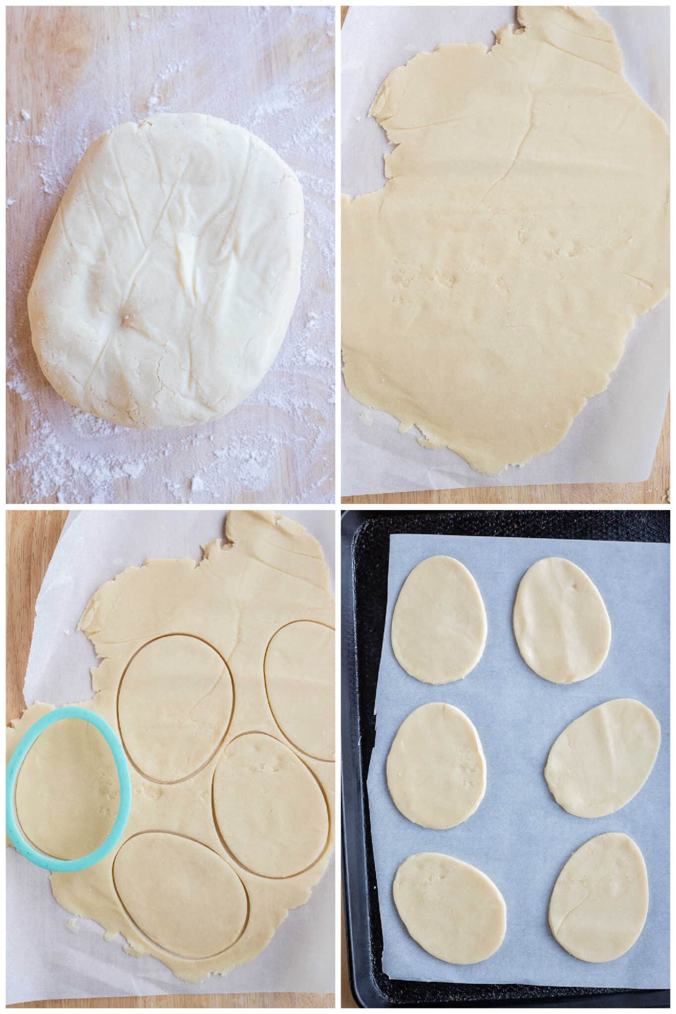 showing how to make shortbread cutout easter egg cookies