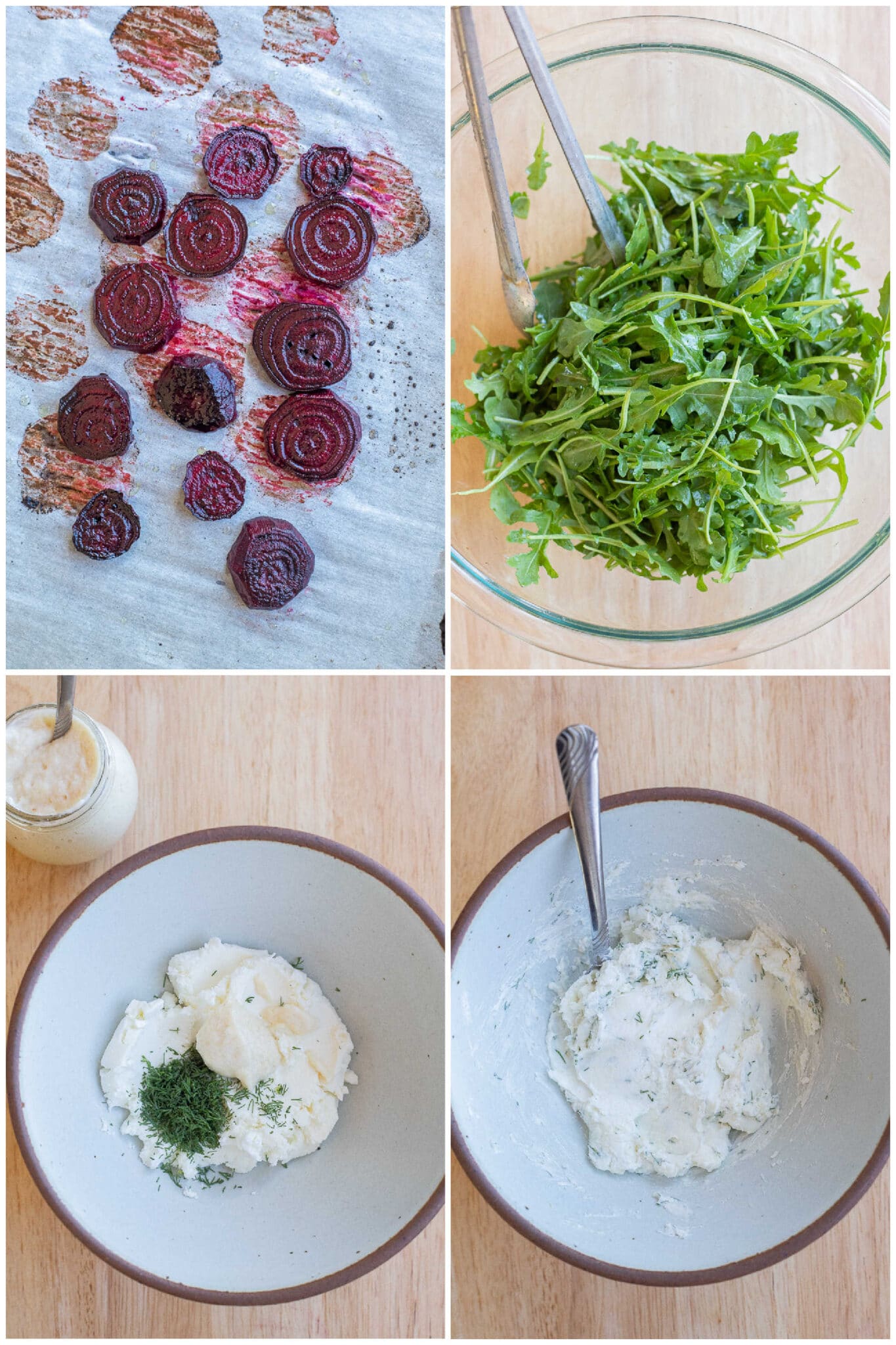 showing how to prepare the arugula salad and horseradish goat cheese with dill