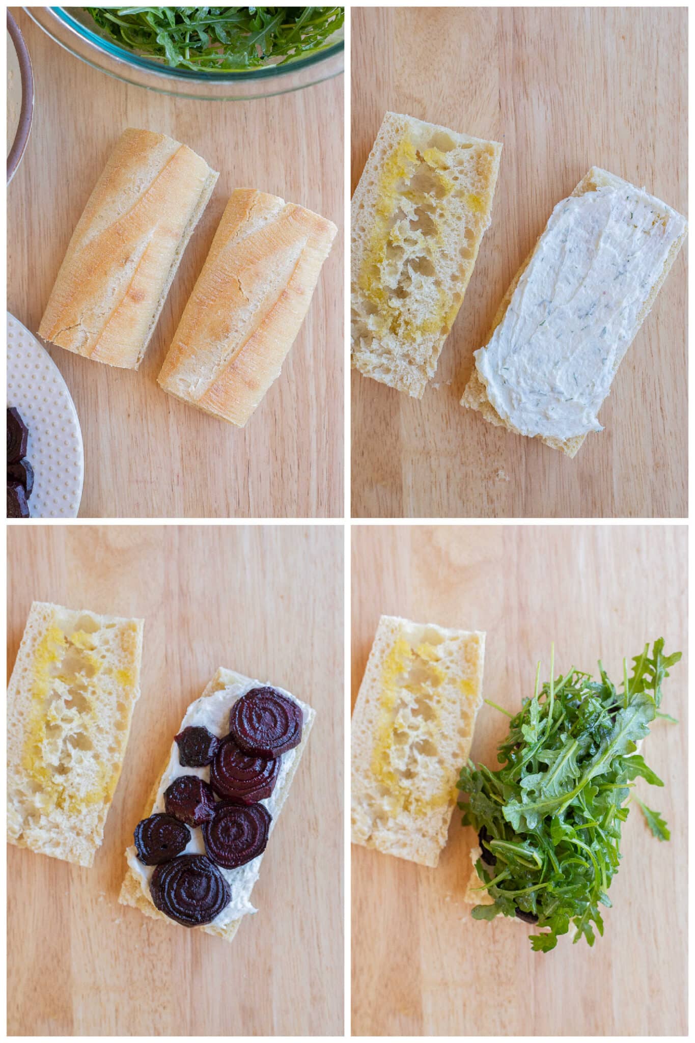 showing how to assemble these easy roasted beet sandwiches with goat cheese and greens