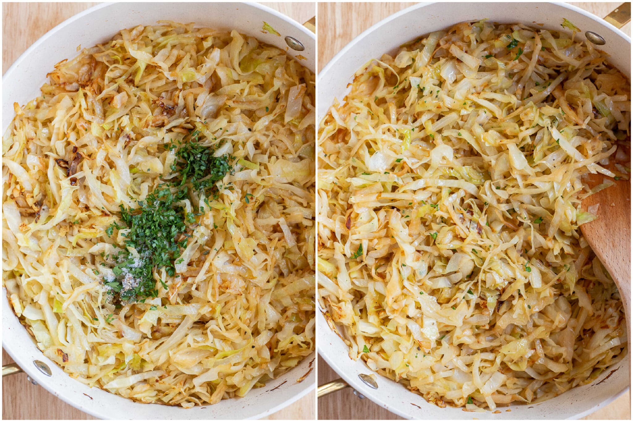 easy sauteed cabbage in a frying pan with fresh herbs