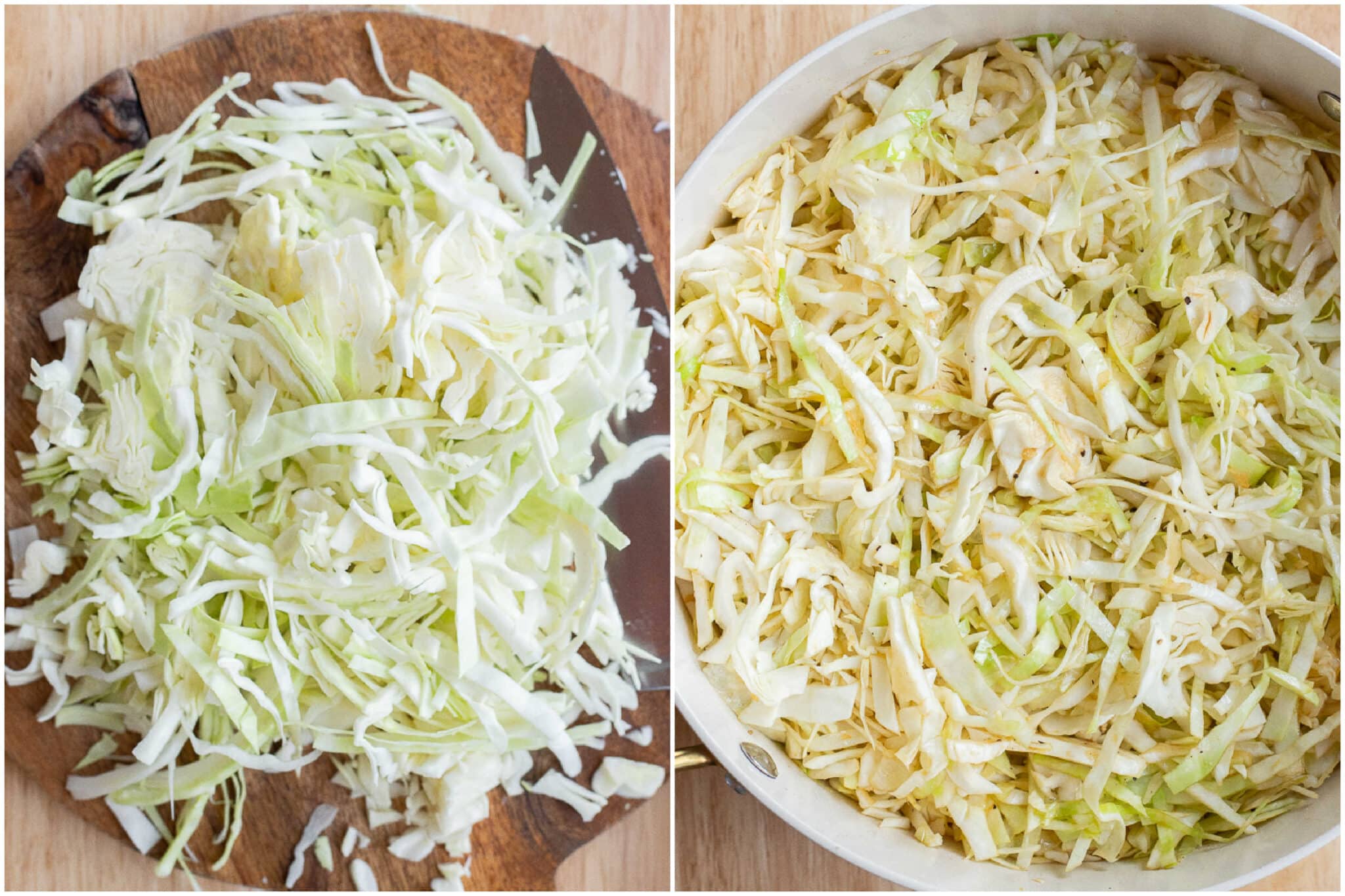 the shredded cabbage on a cutting board and then in a pan mixed with oil