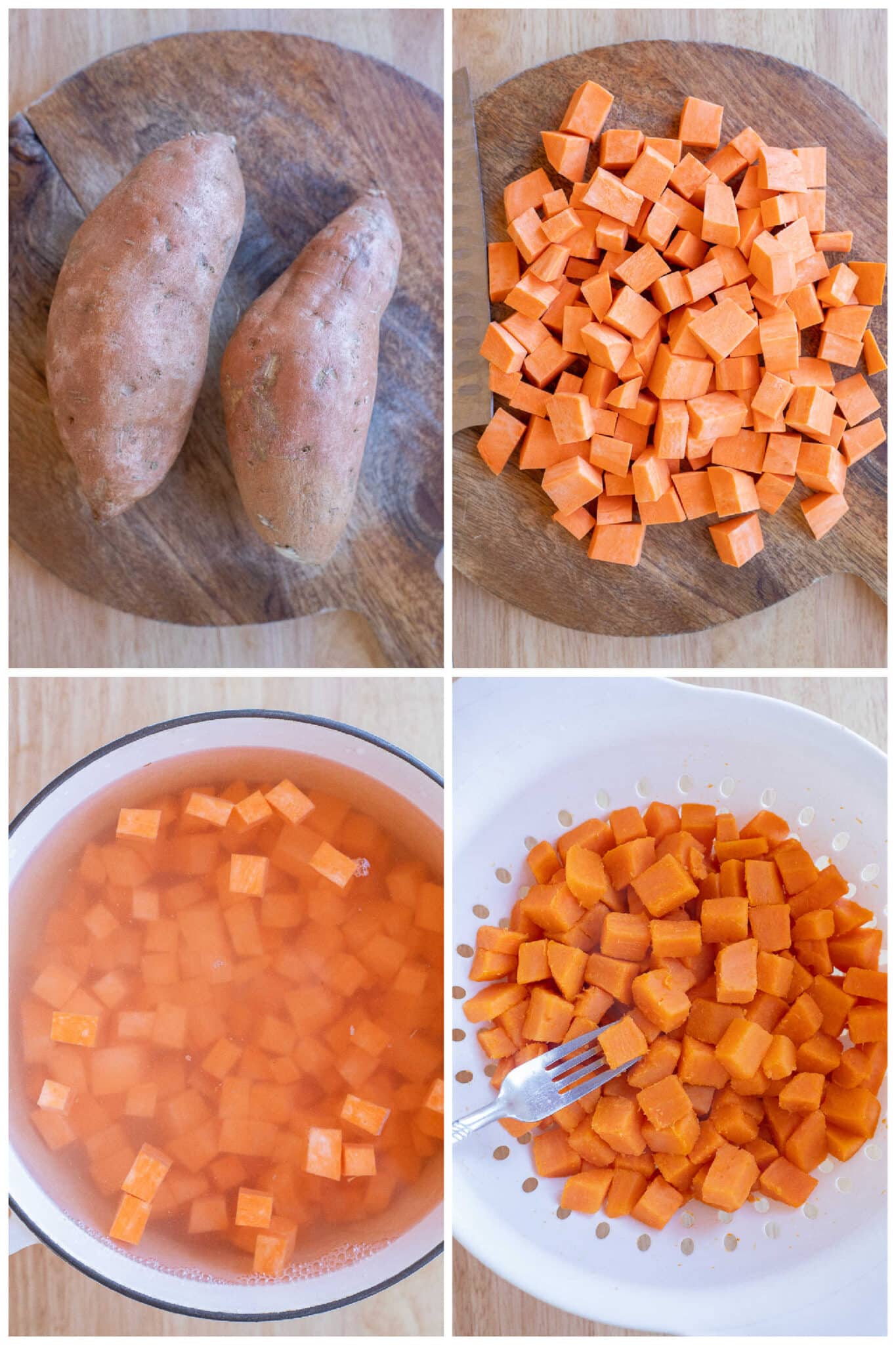 showing how to make crispy seasoned sweet potatoes by boiling them before cooking