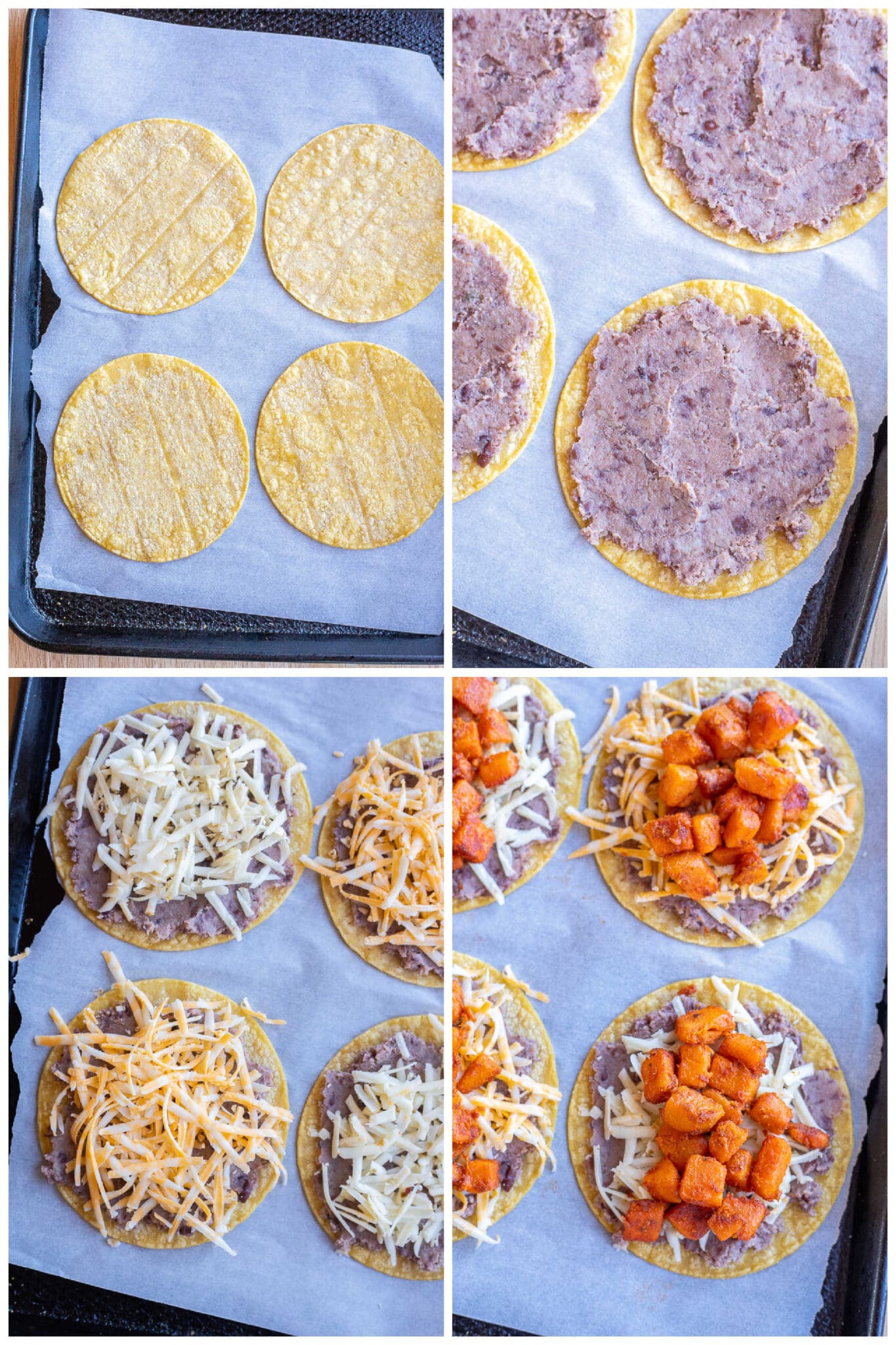 showing how to assemble these vegetarian sweet potato tacos with beans and cheese